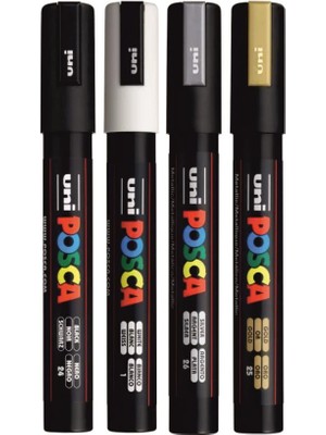 Uni Posca Pc-5m Siyah, Beyaz, Altın, Gümüş 4'lü Set
