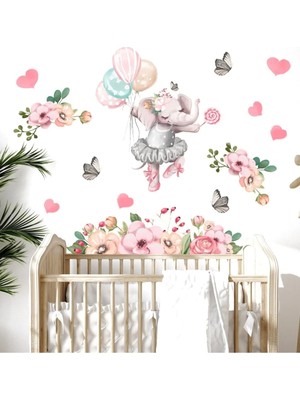 Kt Grup Balonlu Sevimli Fil Çiçekler ve Kelebekler Çocuk Odası Duvar Sticker Seti
