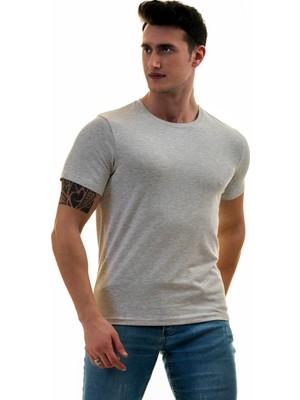 Exve Exclusive Gri Melanj Bisiklet Yaka Basic T-Shirt Normal Fit Erkek Tişört