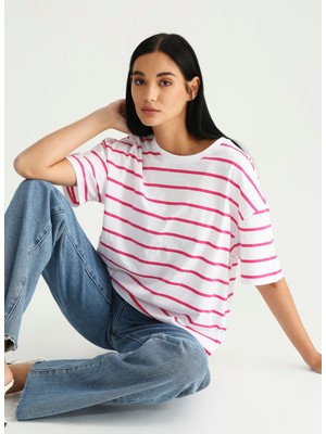 Fabrika Bisiklet Yaka Çizgili Pembe - Beyaz Kadın T-Shirt K-MELISSA