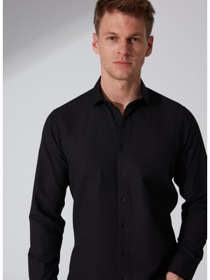 Süvari Slim Fit Klasik Yaka Armürlü Siyah Erkek Gömlek GM2024700353