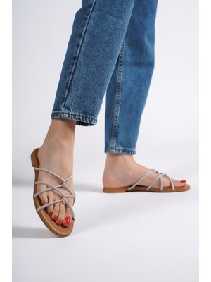 Mubiano Hakiki Deri 23603-VZ Kadın Vizon Sandalet & Terlik