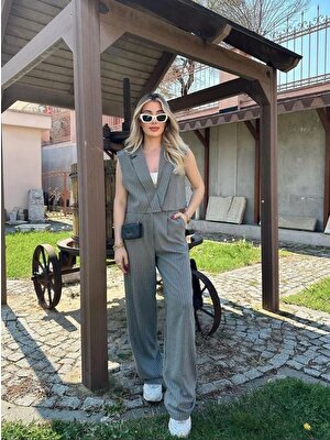 ARV Moda Kadın Çizgili Yelek Palazzo Pantolon Takım