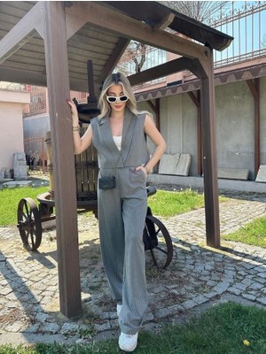 ARV Moda Kadın Çizgili Yelek Palazzo Pantolon Takım