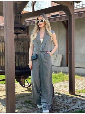 ARV Moda Kadın Çizgili Yelek Palazzo Pantolon Takım