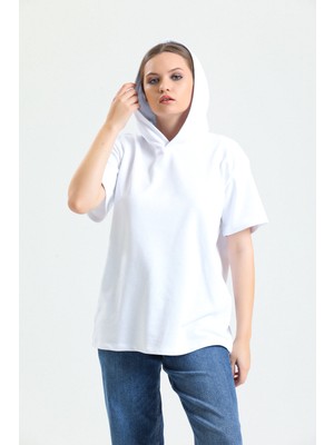 Pulur.co Beyaz Kısa Kollu Kapüşonlu Oversize Sweatshirt