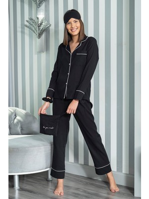 For You Moda Organik 7'li Beyaz Biyeli Pijama Takımı Siyah S26740