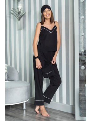 For You Moda Organik 7'li Beyaz Biyeli Pijama Takımı Siyah S26740