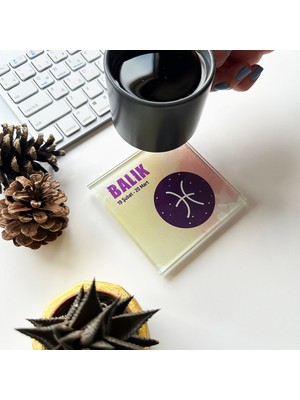Decorita Cam Bardak Altlığı Burçlar Balık Burcu 4'lü Takım 10 x 10 cm