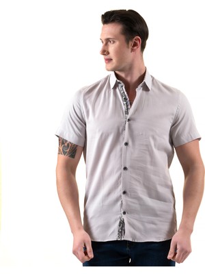 Exve Exclusive Gri Yaka Içi ve Göğüs Garni Pat Çiçek Baskı Detaylı Pamuk Slim Fit Kısa Kollu Yazlık Gömlek