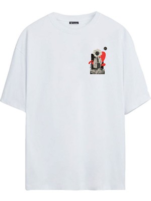 The Wert Unisex Papatya Baskılı Beyaz Oversize Tshirt
