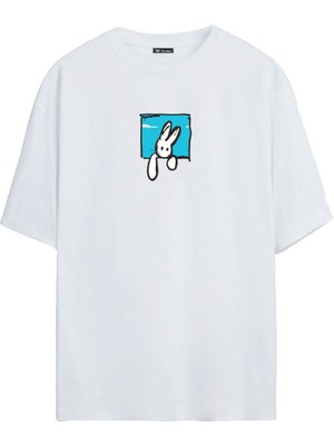 The Wert Unisex Tavşan Baskılı Beyaz Oversize Tshirt