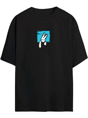 The Wert Unisex Tavşan Baskılı Siyah Oversize Tshirt
