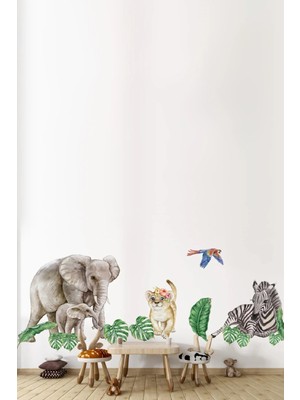 Kt Grup Safari Hayvanları ve Tropikal Yapraklar Fil Zebra Aslan Papağan 14 Parça Duvar Sticker Seti