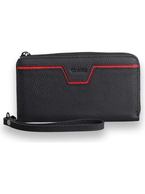 Guard Mat Siyah - Kırmızı Çok Fonksiyonlu Hakiki Deri Cüzdan ve El Çantası