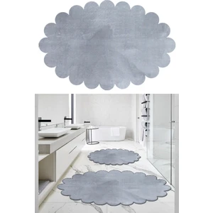 Balat Halı 2'li Açık Gri Banyo Paspası Banyo Halısı Peluş Halı Klozet Takımı 50X80(ELIPS PAPATYA)-60X100(ELIPS Papatya)