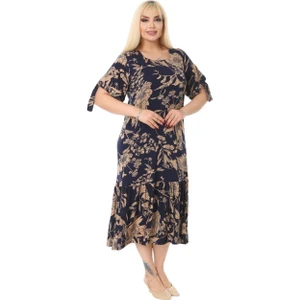 Butik Lacivert Palmiye Desen Bağlamalı Kısa Kollu Kadın Midi Elbise