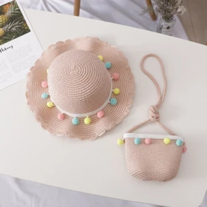 YKD Store Kız Yazlık Hasır Örgülü Güneş Şapkası + Küçük Çanta Seti Renkli Top Pembe (Yurt Dışından)