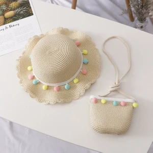 YKD Store Kız Yazlık Hasır Örgülü Güneş Şapkası + Küçük Çanta Seti Renkli Top Bej (Yurt Dışından)