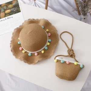 YKD Store Kız Yazlık Hasır Örgülü Güneş Şapkası + Küçük Çanta Seti Renkli Top Haki (Yurt Dışından)