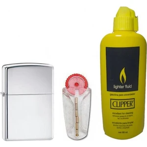 İndirim Center Zippo Metalik Gümüş Gri Benzinli Çakmak Clipper Benzin 80 ml Zippo Taşı Süper Set