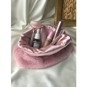 Peluş Makyaj Çantası Pudra Pembe Saten