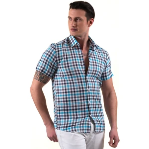 Exve Exclusive Mavi Turkuaz Beyaz Ekose Kareli Pamuk Slim Fit Kısa Kollu Yazlık Gömlek