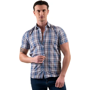 Exve Exclusive Lila Mavi Beyaz Ekose Kareli Slim Fit Kısa Kollu Yazlık Gömlek