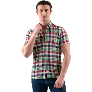Exve Exclusive Kırmızı Yeşil Mavi Ekose Kareli Pamuk Slim Fit Kısa Kollu Yazlık Gömlek
