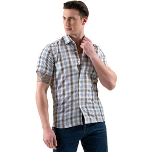 Exve Exclusive Mavi Siyah Beyaz Ekose Kareli Slim Fit Kısa Kollu Yazlık Gömlek
