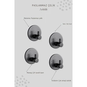 Zift Unique 4 Adet Oval Paslanmaz Çelik Siyah Banyo Askısı Bornoz Askısı Havlu Askısı Lif Askı Havluluk