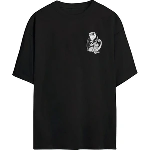 The Wert Unisex Bukalemun Baskılı Siyah Oversize Tshirt