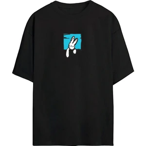 The Wert Unisex Tavşan Baskılı Siyah Oversize Tshirt