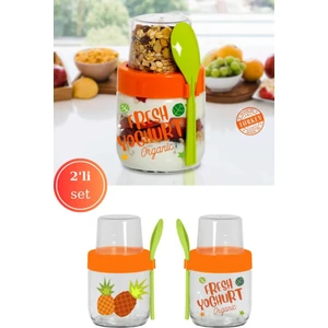 2'Li Kaşıklı Cam Müsli Kabı Seti, Meyve Yoğurt Yulaf Müsli Granola Diyet Saklama Kabı 425ml X 2 Adet