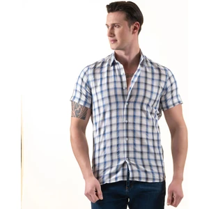 Exve Exclusive Mavi Beyaz Kareli Ekose Slim Fit Kısa Kollu Yazlık Gömlek