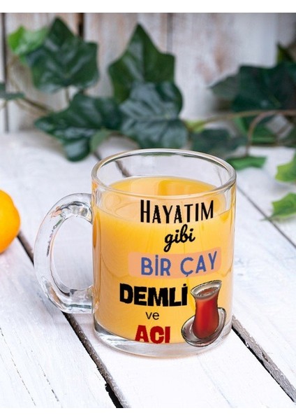 Çay Temalı Yazılı Özel Tasarım Baskılı Cam Kupa Bardak