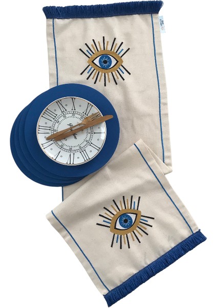 Gözdeseni Nakışlı Runner Buldan Keten - Mavi 4'lü Kumaş Supla