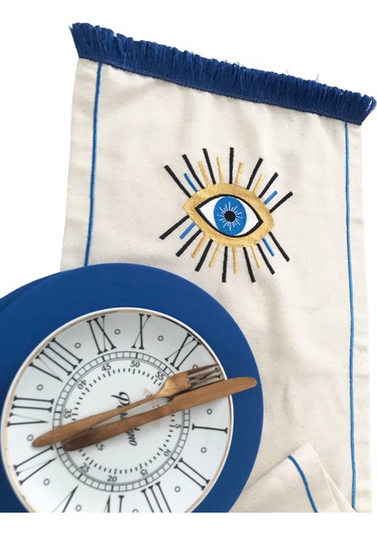 Gözdeseni Nakışlı Runner Buldan Keten - Mavi 4'lü Kumaş Supla modelleri