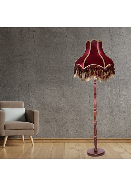 Bordo Vintage Lambader Kumaş Kaplama Kahverengi Ahşap Ayak LM0120
