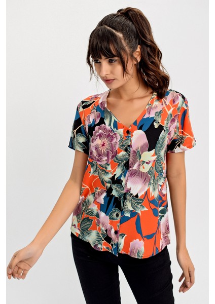 Kadın Mor Çiçek Desenli, Kısa Kol Gömlek (Düz Kesim, Standart Boy) fiyatları