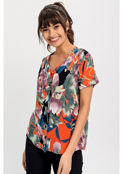 Kadın Mor Çiçek Desenli, Kısa Kol Gömlek (Düz Kesim, Standart Boy) modelleri