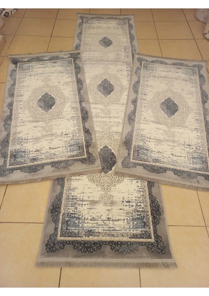 %100 Akrilik Iplik Modern Tarzda 3 Lü Set Gri Mavi Dokuma Saçaklı Yatak Odası Halısı 4098