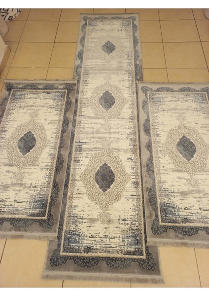 %100 Akrilik Iplik Modern Tarzda 3 Lü Set Gri Mavi Dokuma Saçaklı Yatak Odası Halısı 4098 fırsatları