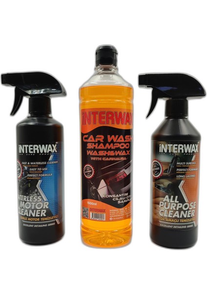 Interwax 3'lü Set Susuz Motor Temizleyici 500 ml + Çok Amaçlı Döşeme Temizleyici 500 ml + Cilalı Oto Şampuanı 1000 Ml.