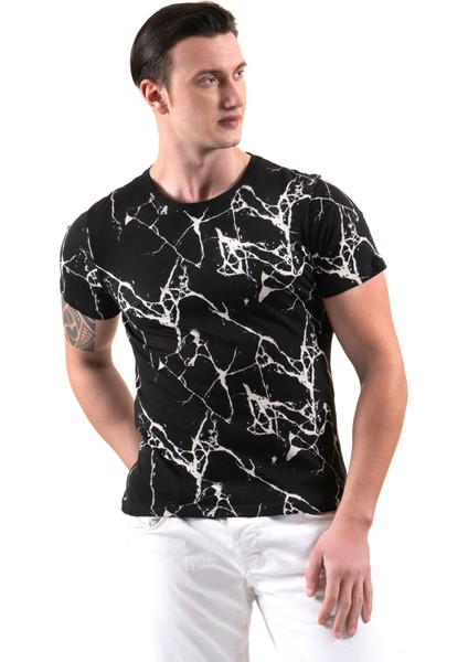 Siyah Üzerine Beyaz Ağ Baskılı Tasarım Bisiklet Yaka Basic T-Shirt Normal Fit Erkek Tişört