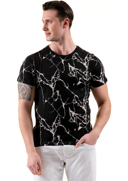 Siyah Üzerine Beyaz Ağ Baskılı Tasarım Bisiklet Yaka Basic T-Shirt Normal Fit Erkek Tişört modelleri