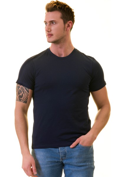 Lacivert Bisiklet Yaka Basic T-Shirt Normal Fit Erkek Tişört