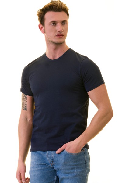 Lacivert Bisiklet Yaka Basic T-Shirt Normal Fit Erkek Tişört fiyatları