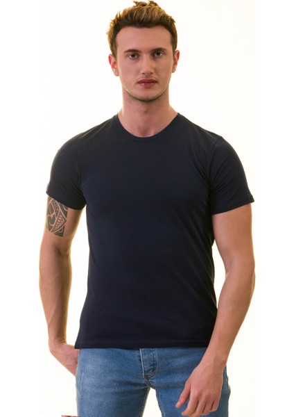 Lacivert Bisiklet Yaka Basic T-Shirt Normal Fit Erkek Tişört modelleri
