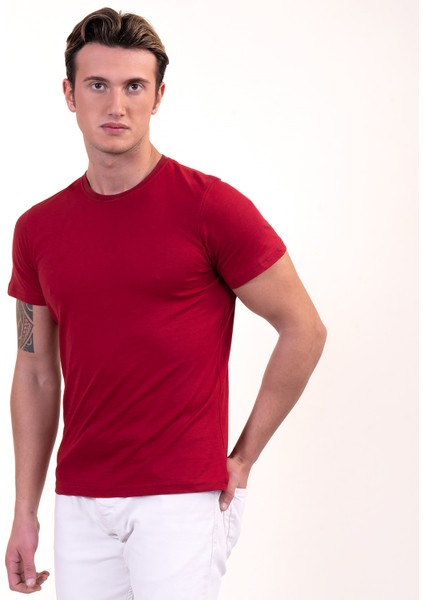 Bordo Bisiklet Yaka Basic T-Shirt Normal Fit Erkek Tişört